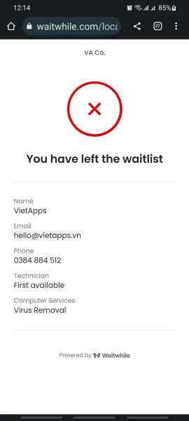 Left Waitlist Confirmation - Phần mềm quản lý LCD - VietApps Digital Signage Software