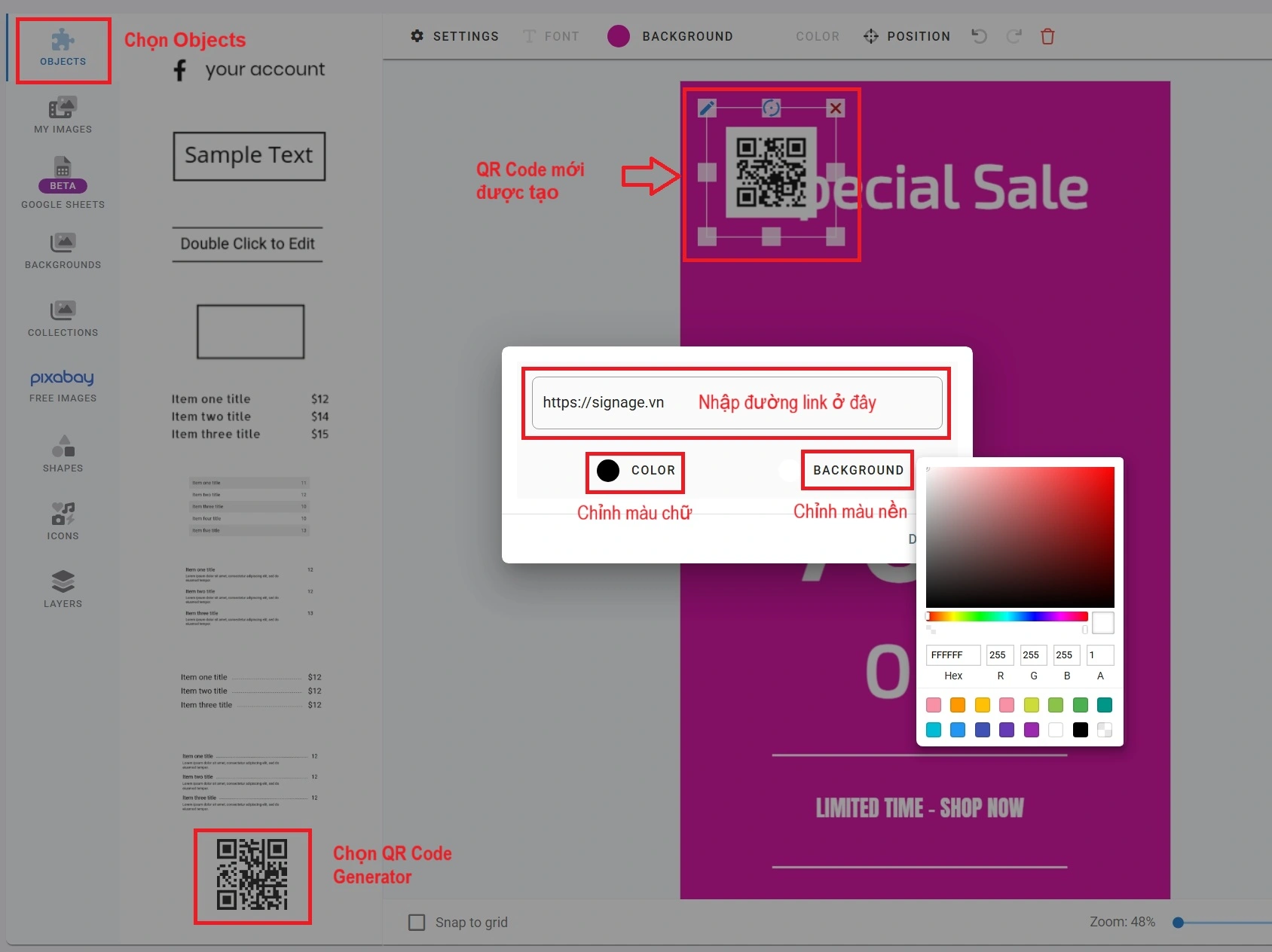 Thêm hình ảnh QR Code để cho người xem dùng điện thoại quét như thế nào? 1 QR Code - Phần mềm quản lý LCD - VietApps Digital Signage Software