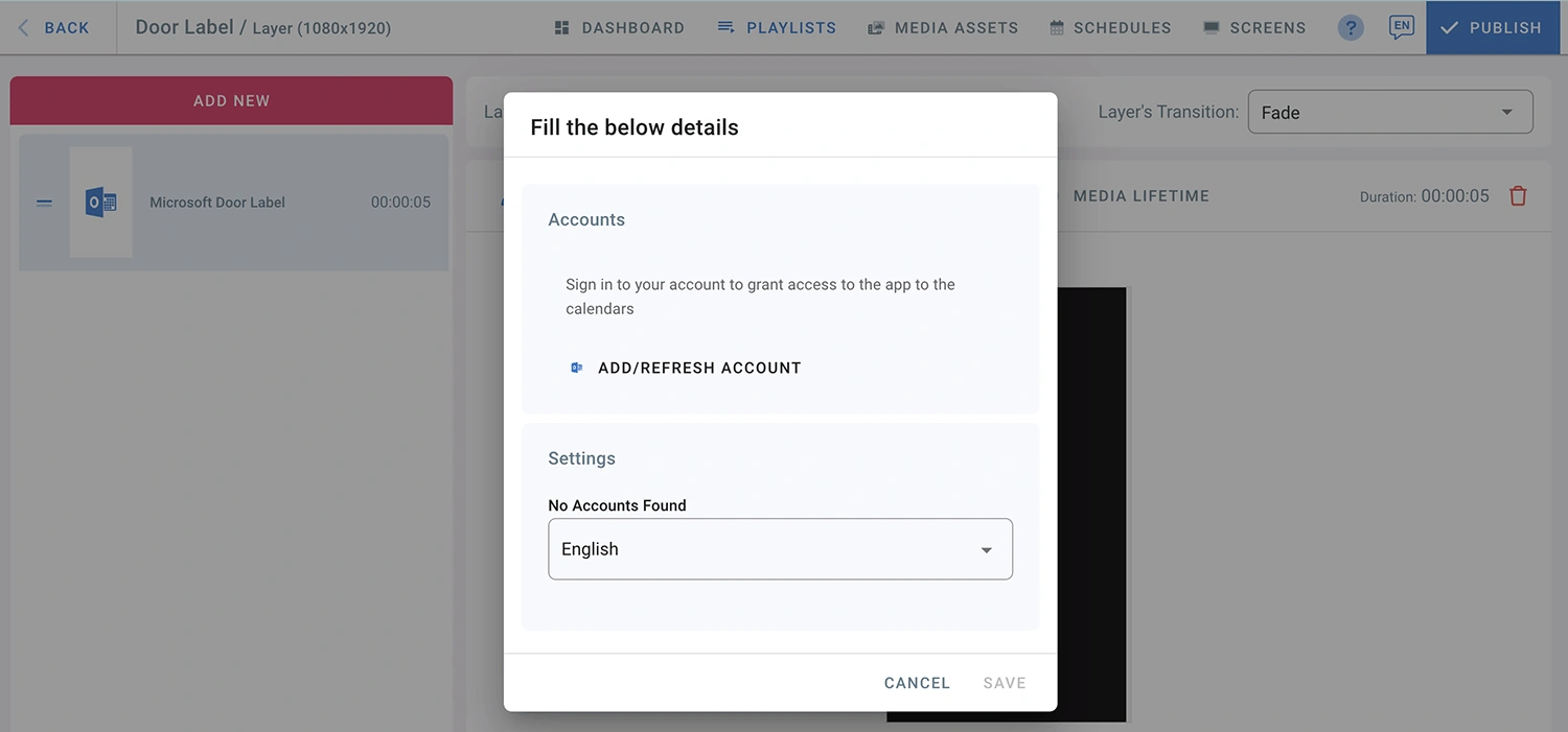 Cách dùng màn hình TV hay Tablet để làm màn hình thông báo cho phòng họp bằng Door Label App? 6 add account - Phần mềm quản lý LCD - VietApps Digital Signage Software